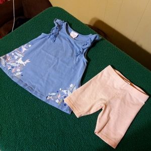 Blue top with pink shorts. Bunny rabbits on trim.